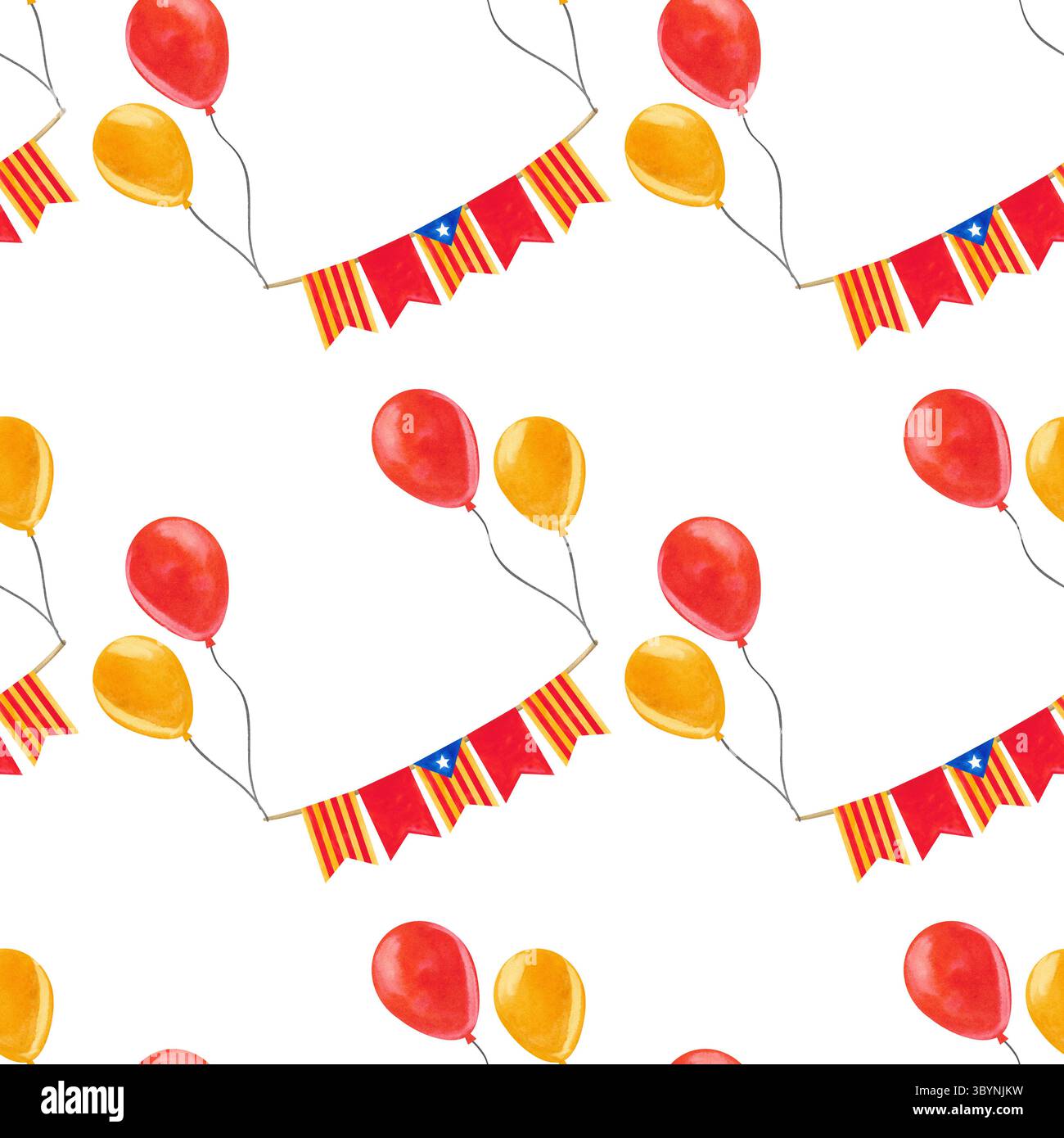 La diada Catalogne illustration de la fête nationale avec drapeau et symboles. Motif aquarelle sans couture avec guirlande festive, drapeau catalan et confettis. Main- Banque D'Images