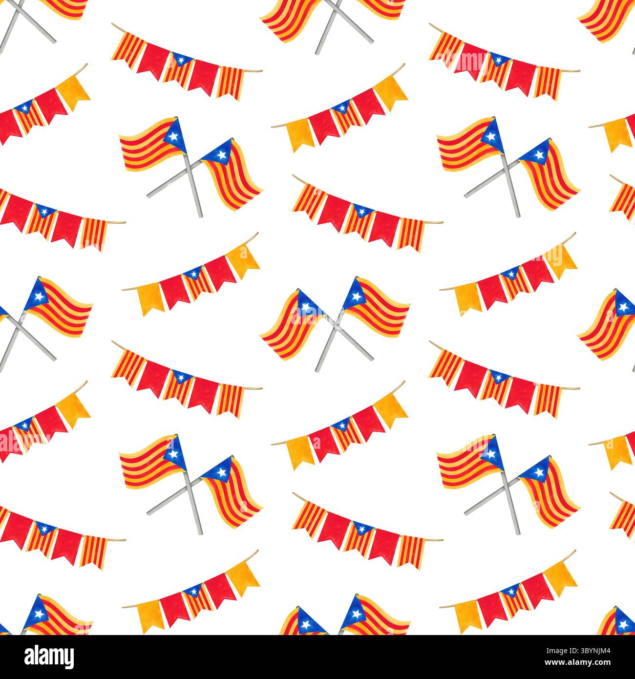 La diada Catalogne illustration de la fête nationale avec drapeau et symboles. Motif aquarelle sans couture avec guirlande festive, drapeau catalan et confettis. Main- Banque D'Images