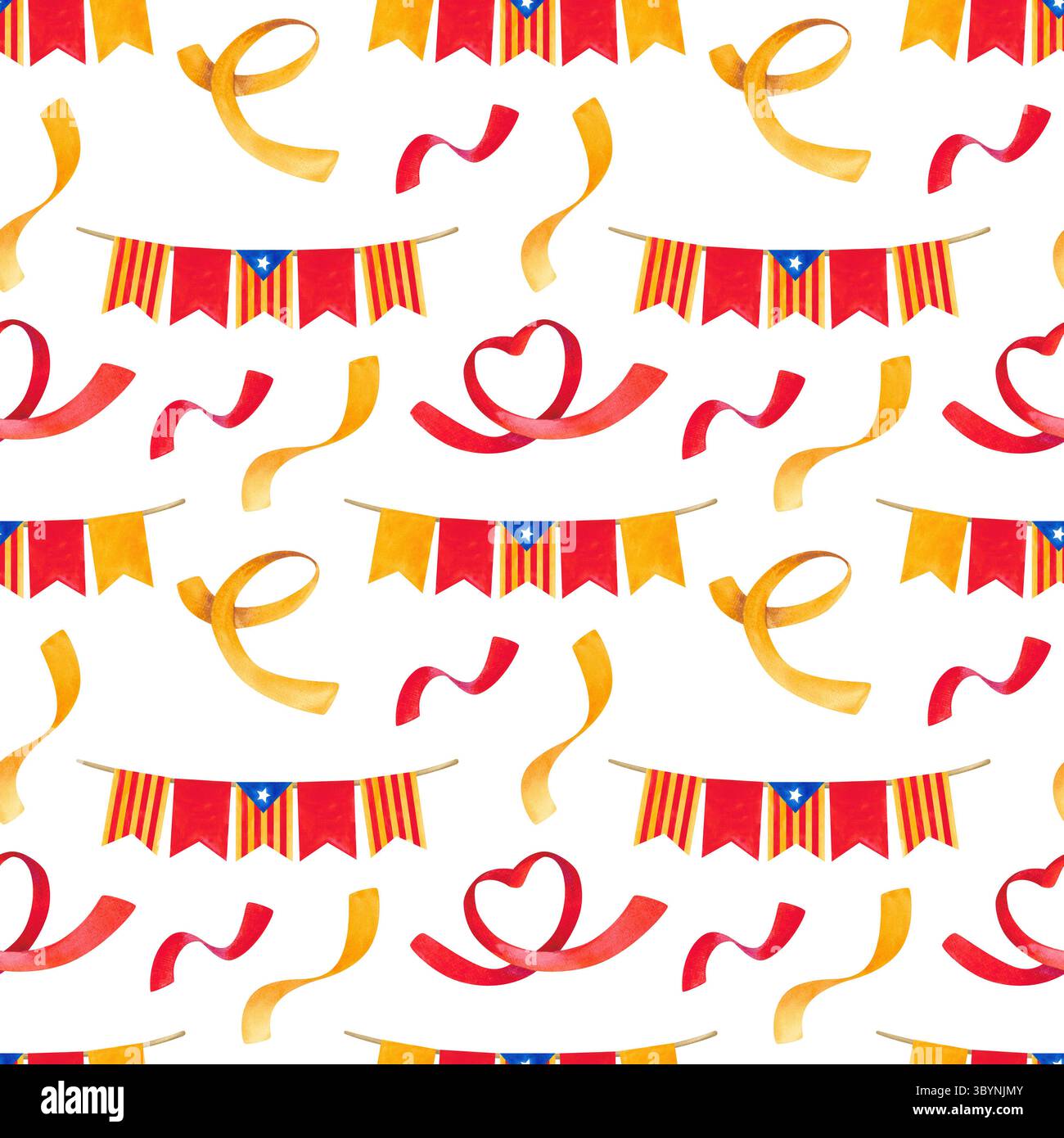 La diada Catalogne illustration de la fête nationale avec drapeau et symboles. Motif aquarelle sans couture avec guirlande festive, drapeau catalan et confettis. Main- Banque D'Images