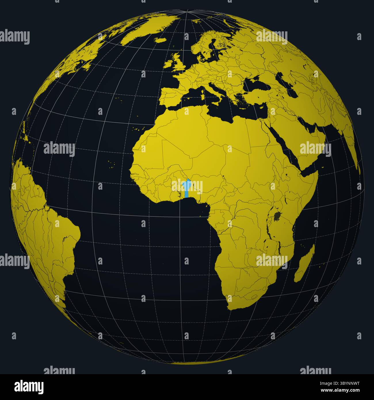 République du Bénin sur Globe. Vue du pays sur la carte du monde dans la palette de couleurs Charcoal Bright Yellow. Bénin forme sur la carte Illustration de Vecteur
