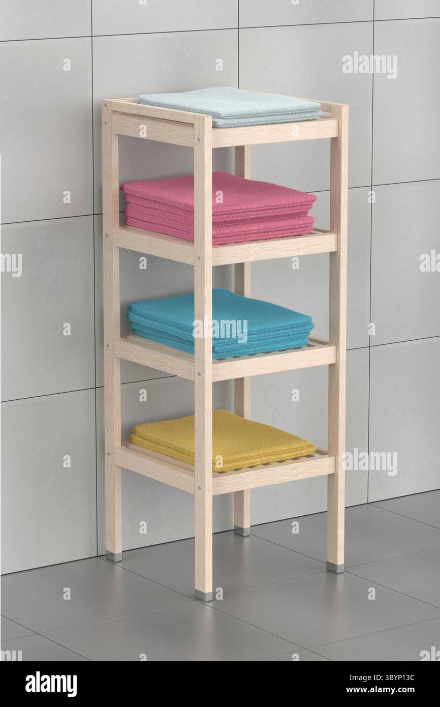Étagère en bois pour salle de bains avec serviettes Banque D'Images