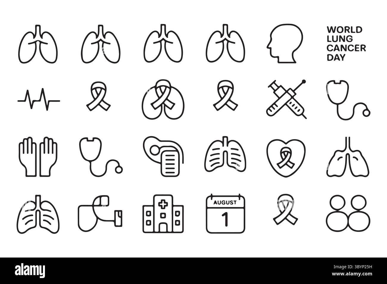 Collection d'icônes et de symboles de la Journée mondiale du cancer du poumon Illustration de Vecteur