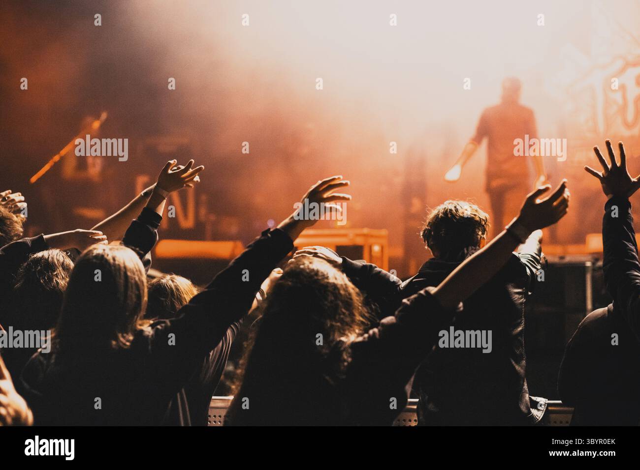 Foule au concert et silhouettes dans les lumières de scène Banque D'Images
