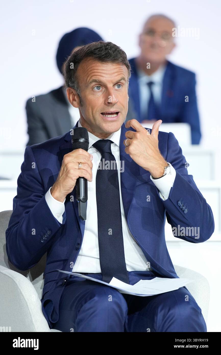 23 juin 2023, Paris, France : Paris (France), 23/06/2023.- le président français Emmanuel Macron prend la parole lors de la séance de clôture du Sommet du Nouveau Pacte financier mondial, Paris, France, 23 juin 2023. Ce sommet de deux jours visait à trouver de meilleures réponses pour lutter contre la pauvreté et les changements climatiques en remodelant le système financier mondial. (Francia) (crédit image : © Lewis Joly/POOL via ZUMA Press Wire) Banque D'Images