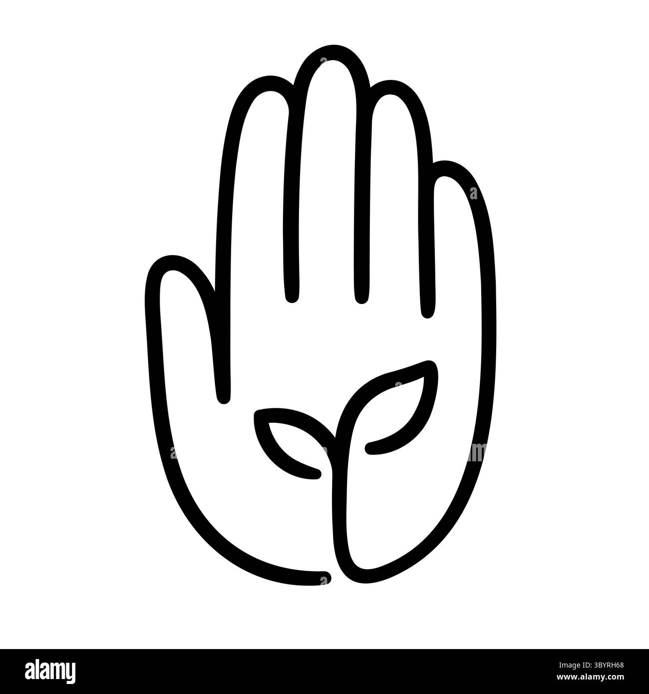 Main avec contour de plante, logo de style doodle dessiné à la main. Soin des plantes, protection de l'environnement, élément de conception bio organique. Illustration vectorielle à ligne unique Illustration de Vecteur