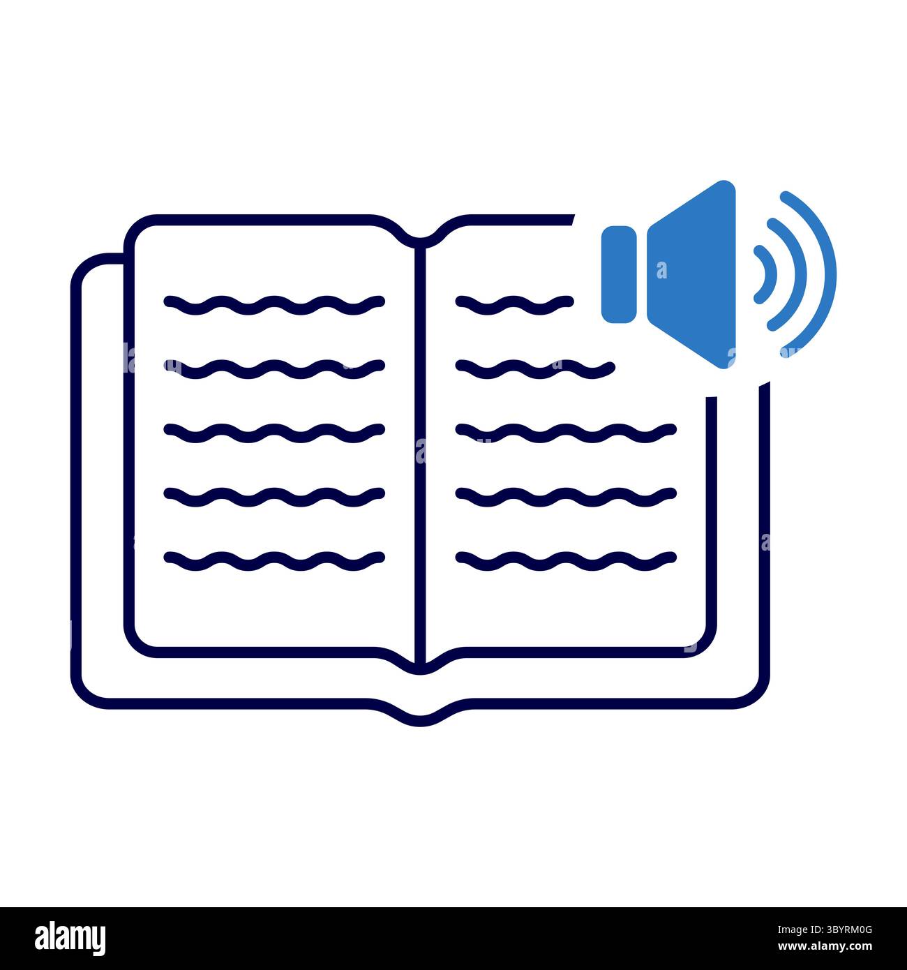 Icône de livre audio avec Livre ouvert et illustration vectorielle de symbole de haut-parleur. Un livre ouvert avec des lignes ondulées représentant du texte. Illustration de Vecteur