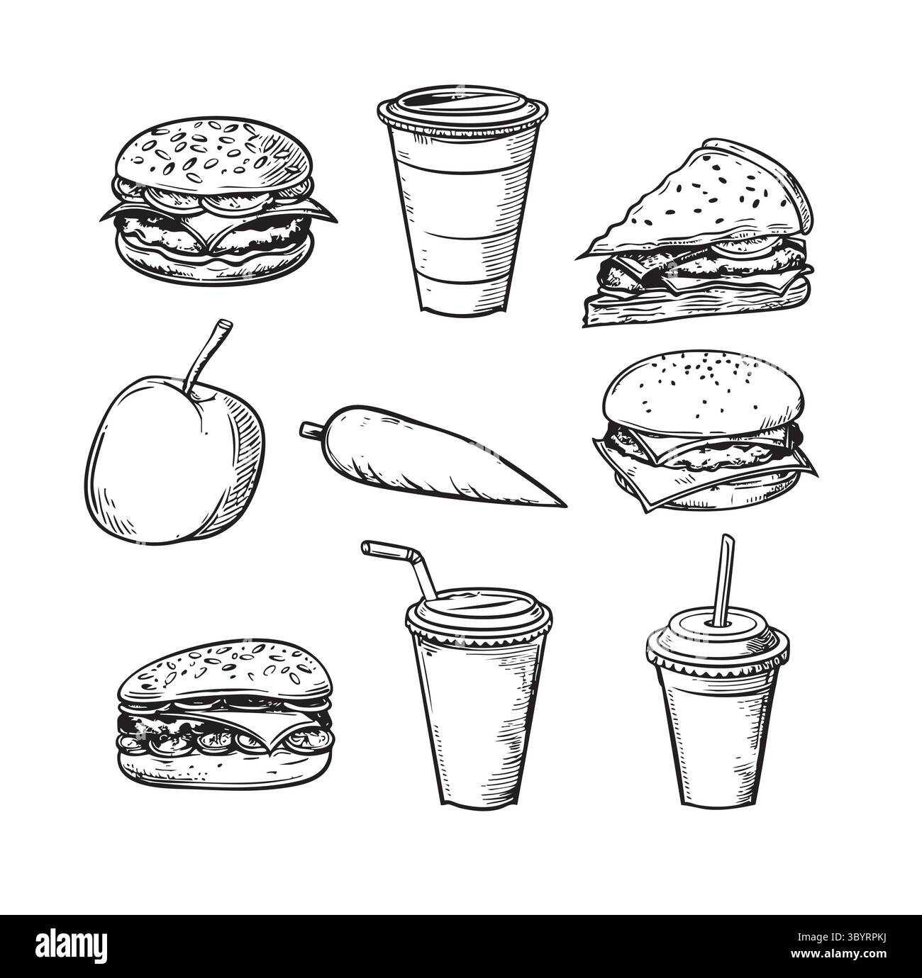 Set avec des produits de restauration rapide sur fond blanc Illustration de Vecteur