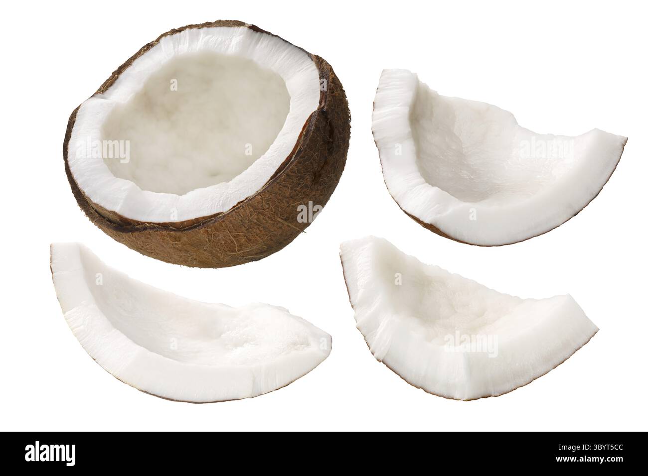Noix de coco (Cocos nucifera), décortiquée, viande de noyau, craquelée, de forme irrégulière Banque D'Images