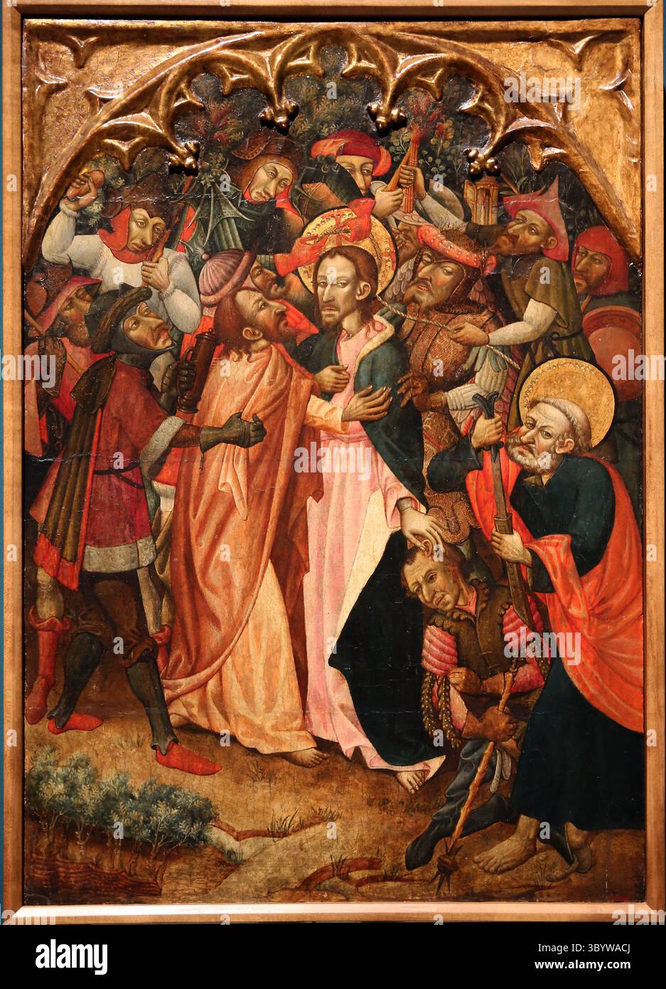 Panneau de retable. Baiser de Judas par Maître de Retascón. xve siècle. Tempera et feuille d'or sur bois. MNAC. Barcelone. Espagne. Banque D'Images