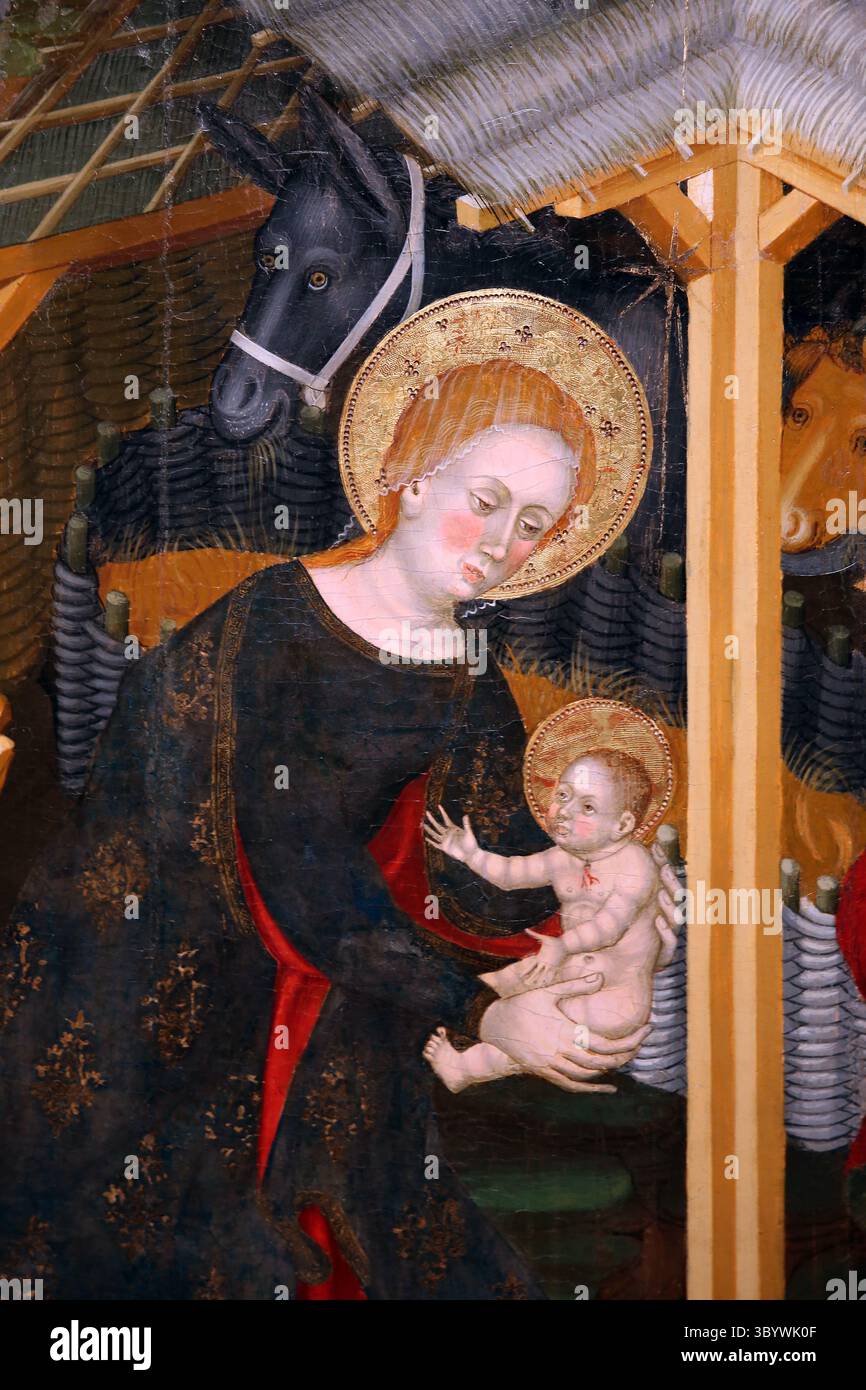 - John l'évangéliste. Nativité. Détail. Christ enfant et Marie. Tempera sur bois. Par Guerrau Gener et Lluís Borrassà- c- 1402-1411. MNAC. Espagne. Banque D'Images