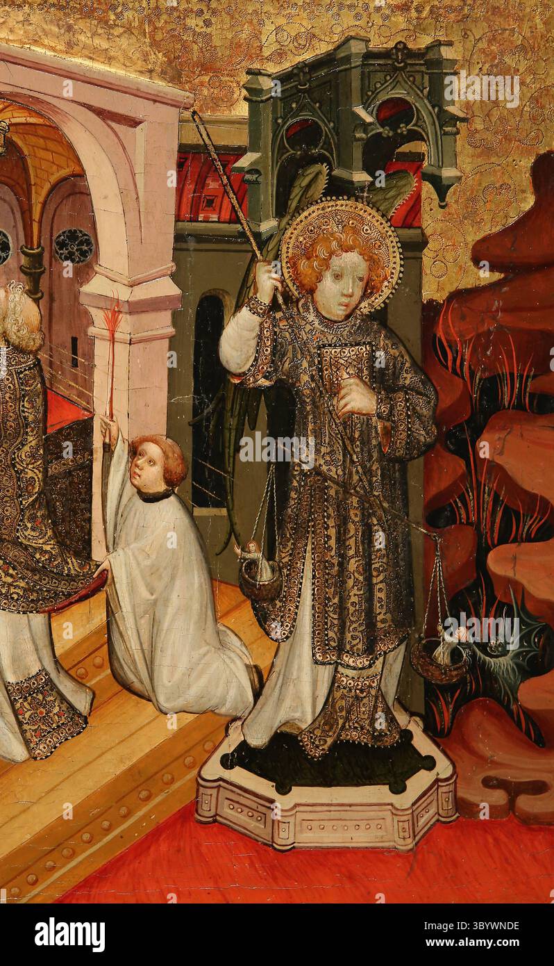 Retable de produit Michael l'Archange. Détail. Michael pèse les âmes. 15e c. MNAC. Espagne. Banque D'Images