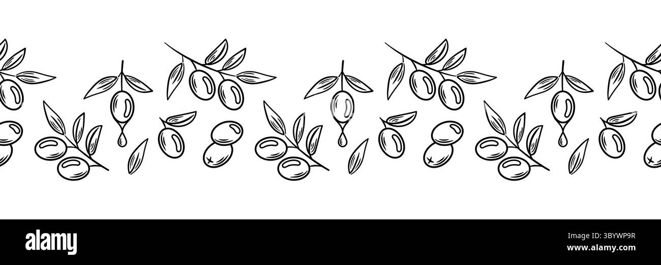 Une bordure horizontale sans couture avec des branches d'olivier élégantes et des fruits, conçu dans un croquis détaillé. Parfait pour le tissu, l'emballage et la décorativ Illustration de Vecteur