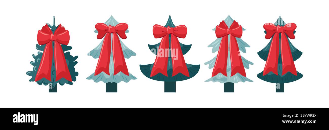 Cinq sapins de Noël magnifiquement conçus, chacun orné de noeuds rouges vibrants, parfaits pour les thèmes des fêtes Illustration de Vecteur