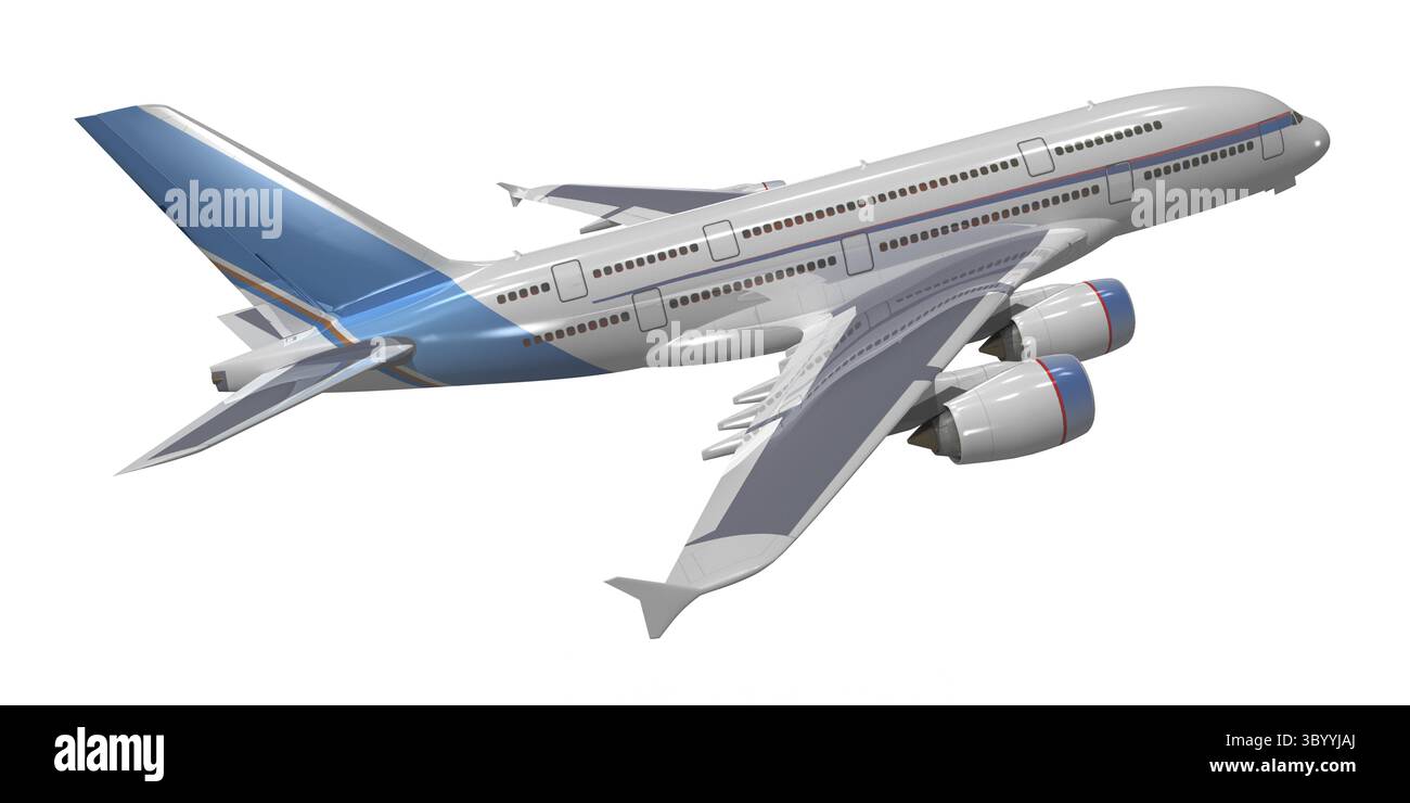 Avion de ligne, compagnie aérienne, avion de passagers, atterrissage, décollage, train d'atterrissage, turbines, 3d, argent, gris, empennage, ailes, volets, transport, vacances, busin Banque D'Images