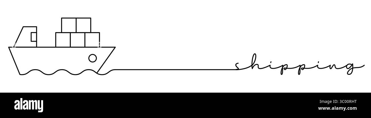 Navire de conteneur, transport d'expédition de fret de fret une icône de ligne avec légende. Style de dessin au trait continu. Pied de page, en-tête. Illustration vectorielle isolat Illustration de Vecteur
