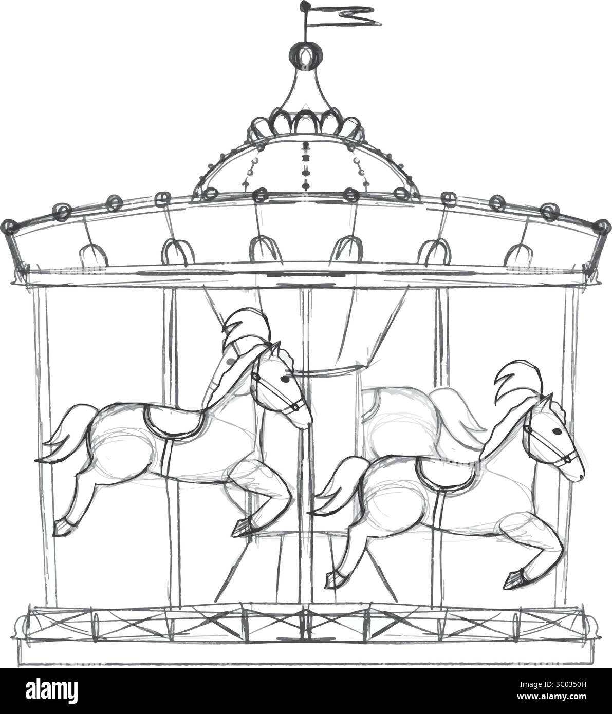 Un carrousel fantaisiste qui présente des chevaux galopants colorés magnifiquement conçus, créant de délicieux souvenirs. Illustration vectorielle dessinée à la main en graphiques noir et blanc. Illustration de Vecteur