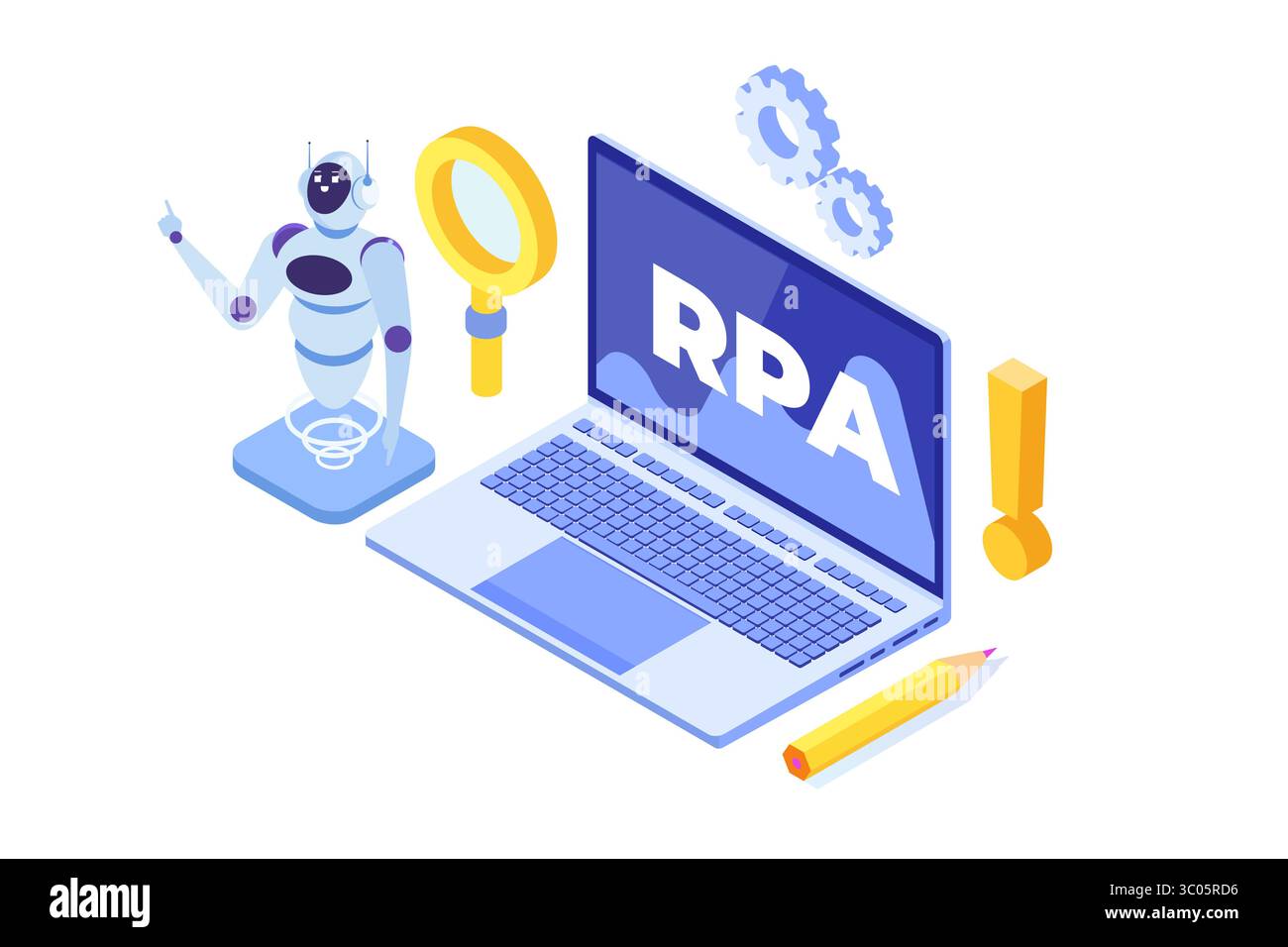 Concept d'automatisation des processus robotiques, RPA. Robot ou Chat bot aide les gens dans différentes tâches. Illustration isométrique vectorielle. Illustration de Vecteur