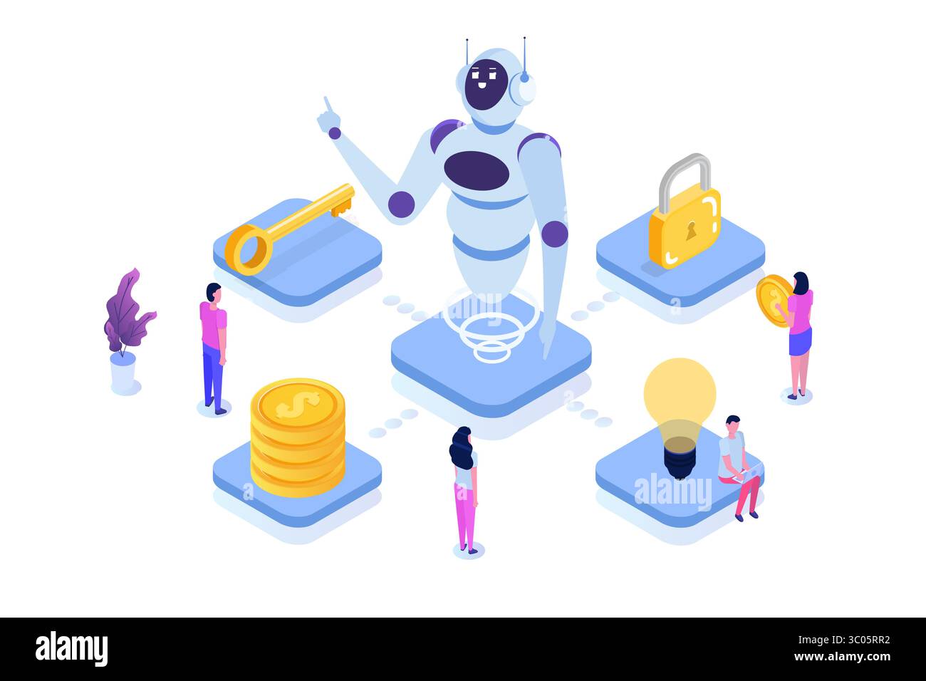 Concept d'automatisation des processus robotiques, RPA. Robot ou Chat bot aide les gens dans différentes tâches. Illustration isométrique vectorielle. Illustration de Vecteur