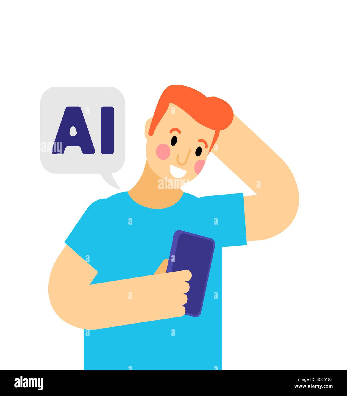 Homme tenant un smartphone, ayant l'air curieux, avec un symbole IA à proximité - symbolisant la technologie moderne, l'apprentissage et l'assistance numérique. Illustration de Vecteur