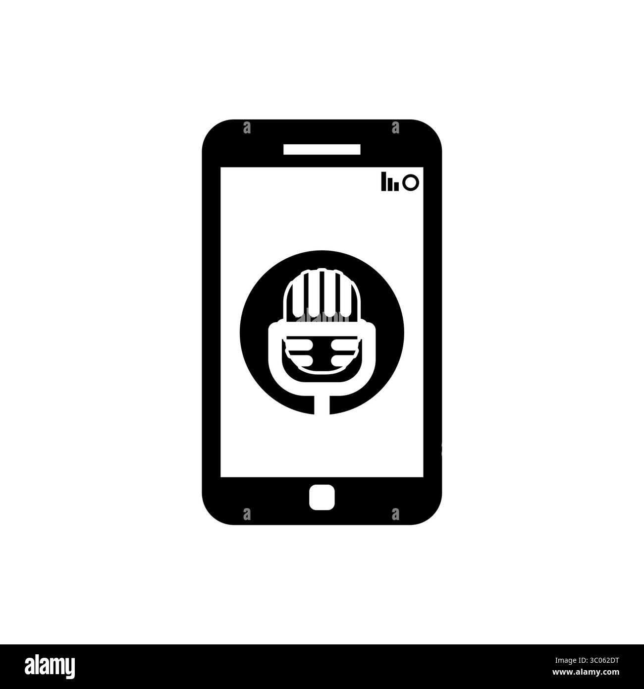 Smartphone affichant une icône de microphone représentant un assistant vocal, une commande vocale ou une communication numérique. Illustration de Vecteur