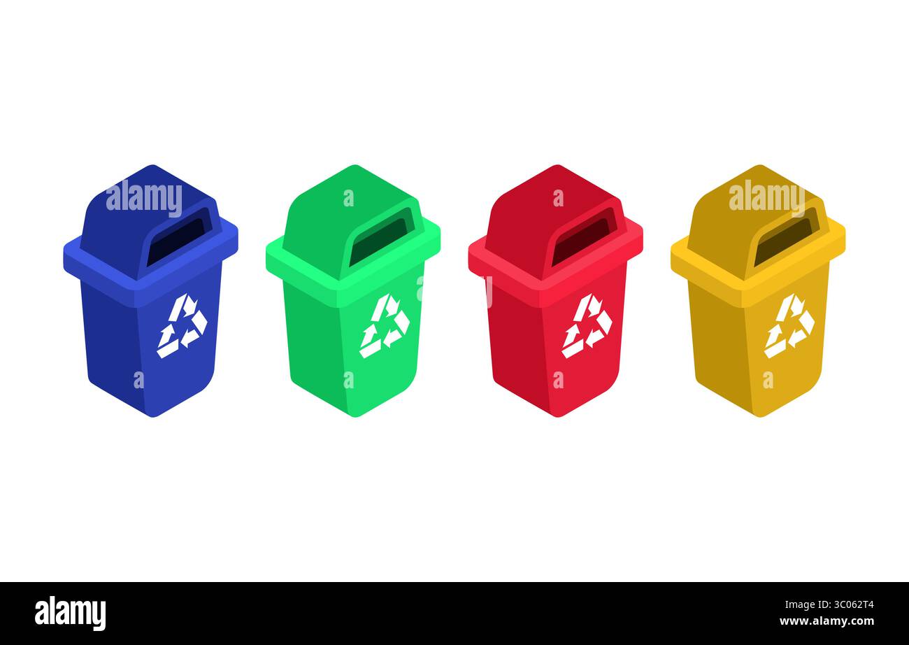 Jeu de quatre bacs de recyclage colorés pour la séparation des déchets : papier, plastique, organique et métal. Promouvoir un comportement écologique et un mode de vie durable p Illustration de Vecteur