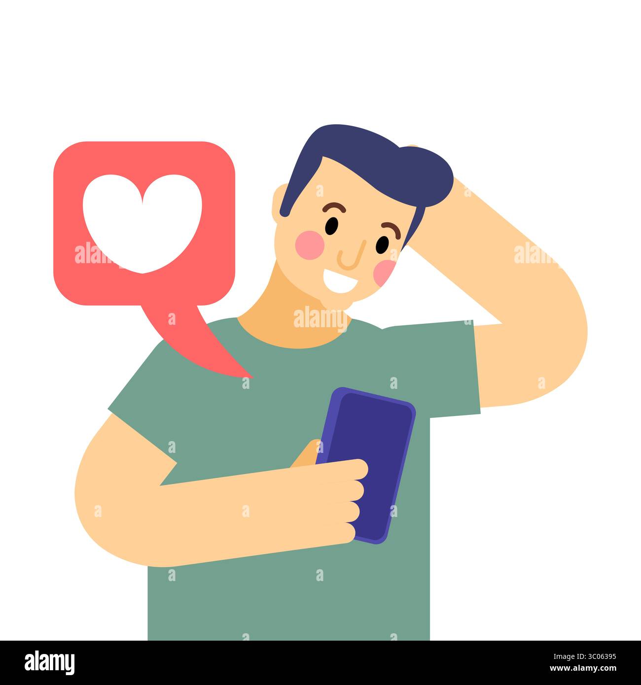 Homme regardant le téléphone avec une notification cardiaque. Symbole des goûts des médias sociaux, des applications de rencontres, de l'interaction en ligne et de la communication. Illustration de Vecteur