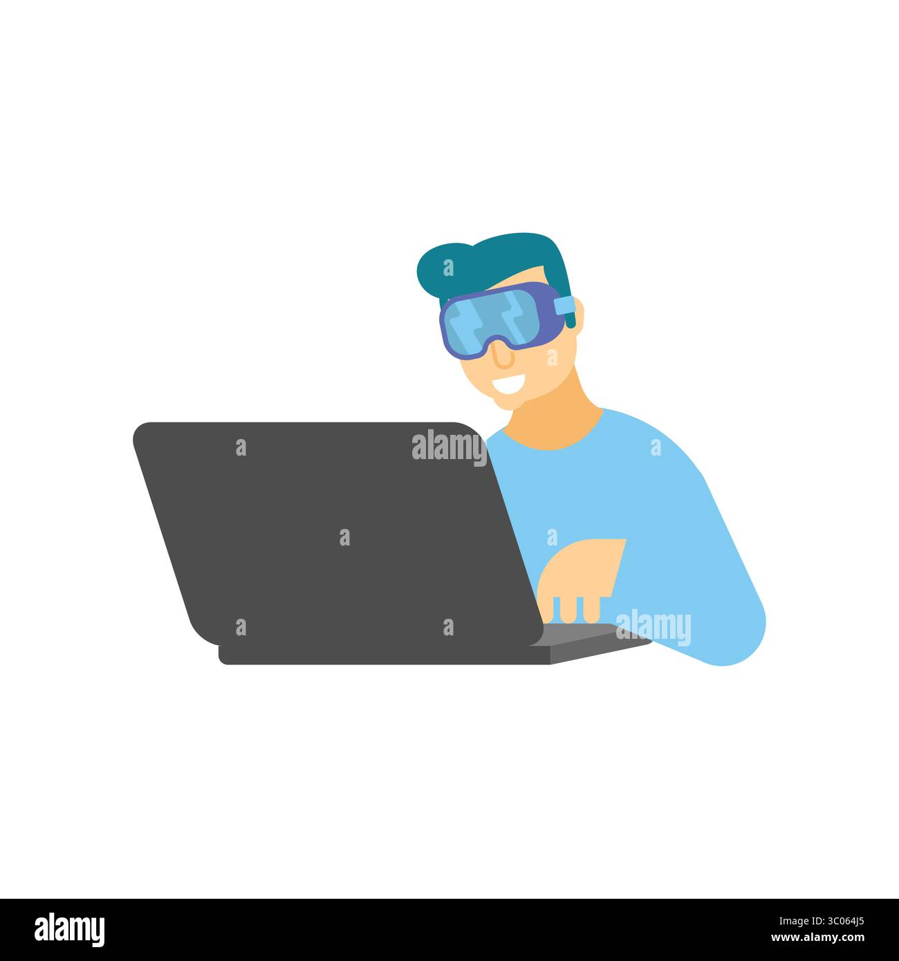 Homme portant des lunettes de réalité virtuelle ou un masque futuriste, travaillant sur un ordinateur portable. Concept de jeu en ligne ou de piratage. Illustration de Vecteur