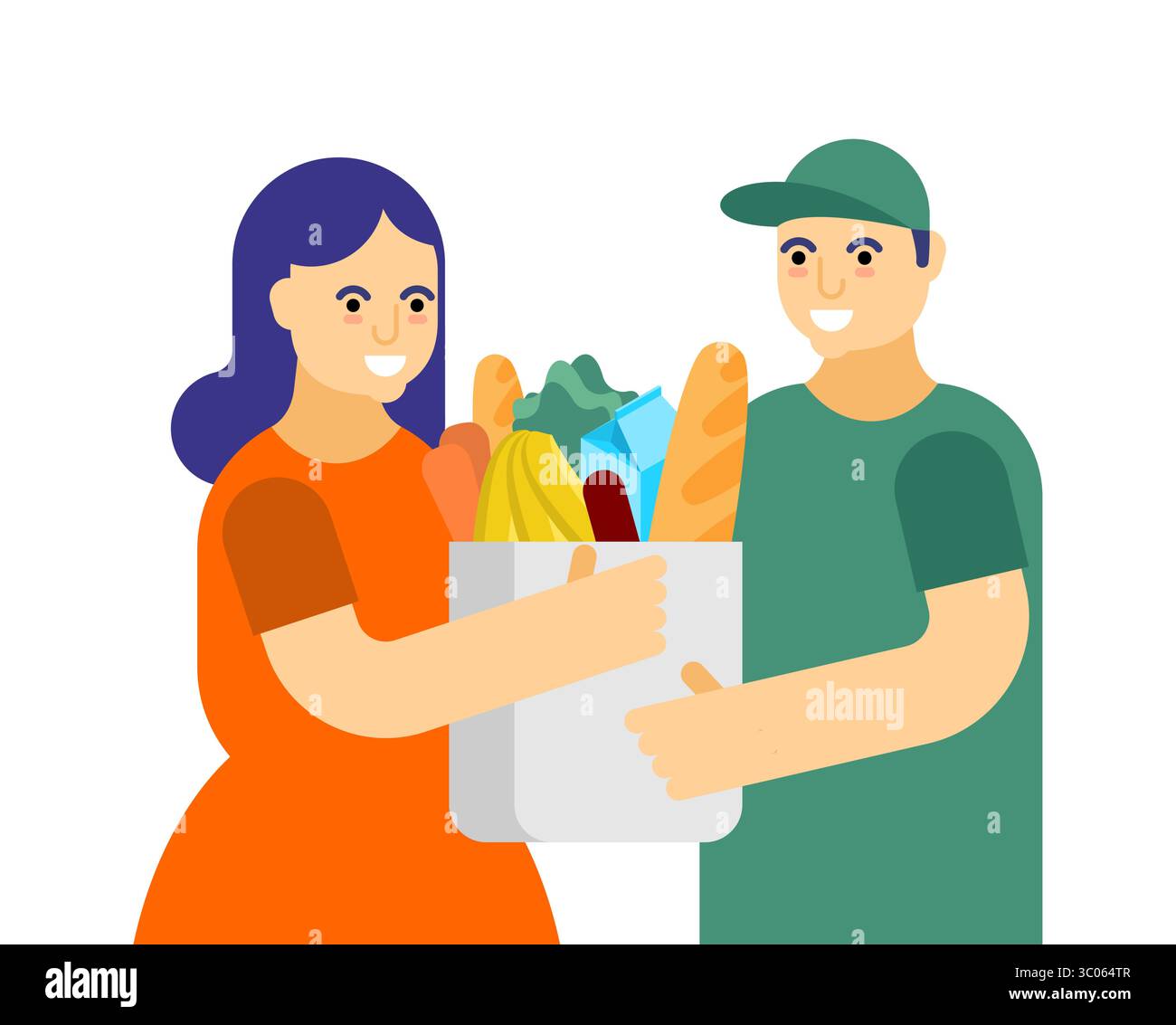 femme recevant une boîte de livraison d'épicerie. Concept de service de livraison de nourriture, de commodité et de style de vie moderne. Illustration de Vecteur