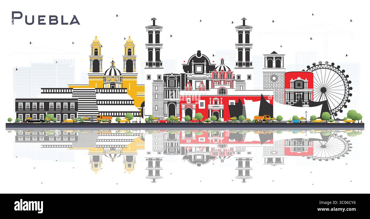 Puebla Mexico City Skyline avec des bâtiments de couleur et des reflets isolés sur blanc. Illustration vectorielle. Concept de tourisme avec Archi historique et moderne Illustration de Vecteur