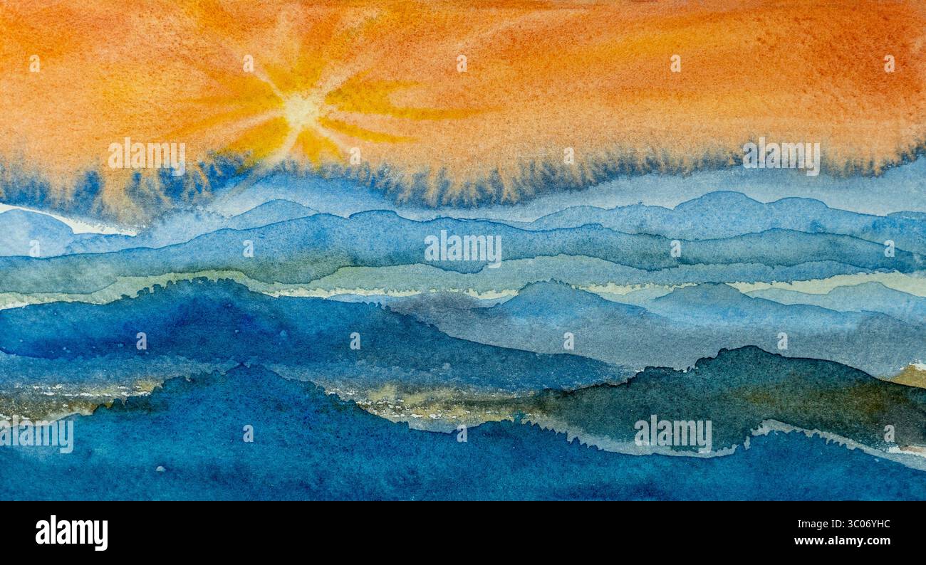 Arrangements abstraits. Paysages, montagnes du ciel. Affiches. Ligne bleue, vague marine, blush, peinture à l'aquarelle illustration colorée, fond. Moderne Banque D'Images