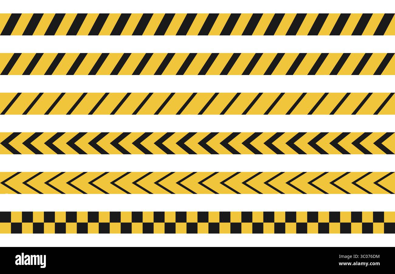 Ensemble de divers rubans d'avertissement jaunes et noirs avec des rayures, des chevrons et des motifs de damier. Idéal pour la construction, les panneaux d'avertissement ou la conception de sécurité. Vecteur de bande d'avertissement. Arrière-plan rayé d'avertissement. Conception de la bordure de danger. Illustration de Vecteur