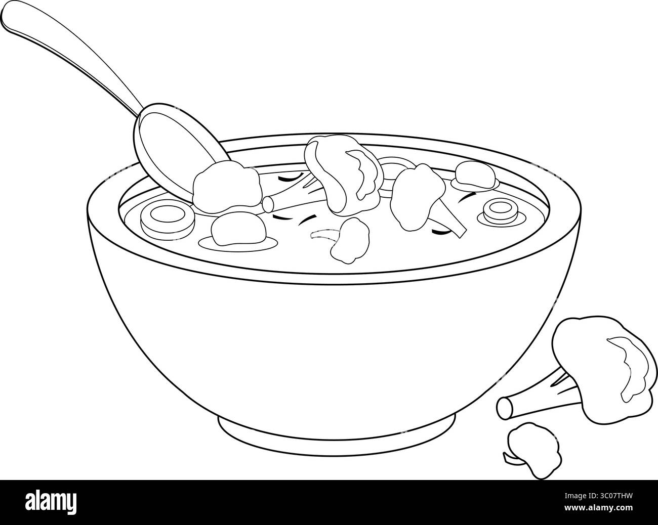 Bol de soupe. Soupe maison avec légumes, soupe de carottes et brocolis avec cuillère. Page de coloriage noir et blanc vectoriel. Illustration de Vecteur