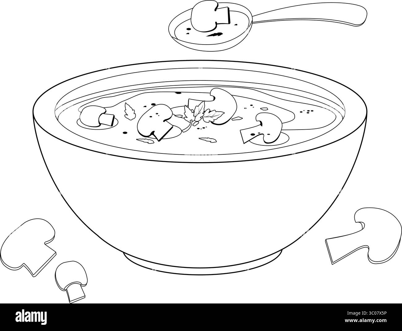 Bol de soupe aux champignons. Soupe maison aux légumes, soupe aux champignons avec cuillère. Page de coloriage noir et blanc vectoriel. Illustration de Vecteur