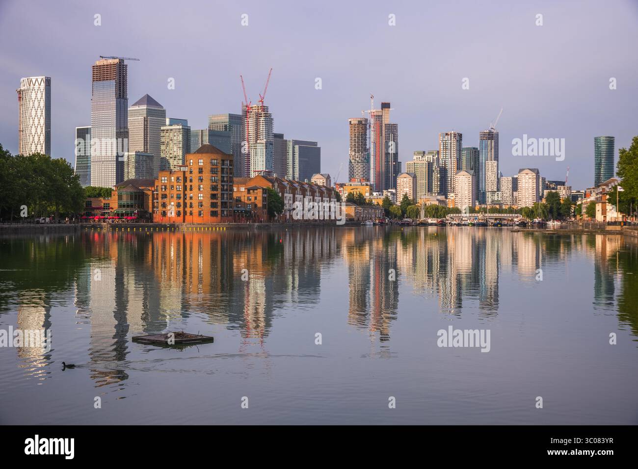 Paysage urbain de Londres Canary Wharf avec réflexion depuis Greenland Dock Banque D'Images