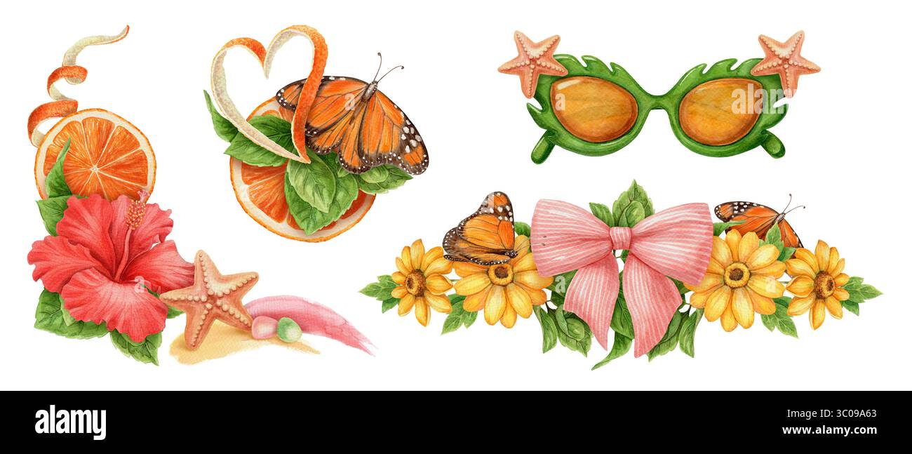 Ensemble de conception d'été de papillon et élément de fleur. Fruit aquarelle dessiné à la main et œuvre d'art de la vie de l'océan pour la décoration de thème de vacances tropicales. Lumineux Banque D'Images