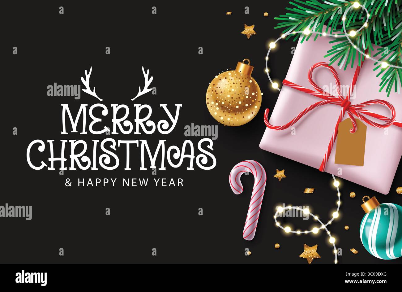 Conception de clipart de voeux de Noël avec cadeau, ornements, canne à sucre, lumières et texte de voeux de Noël. Conception de salutation de joyeux Noël avec Christma Illustration de Vecteur