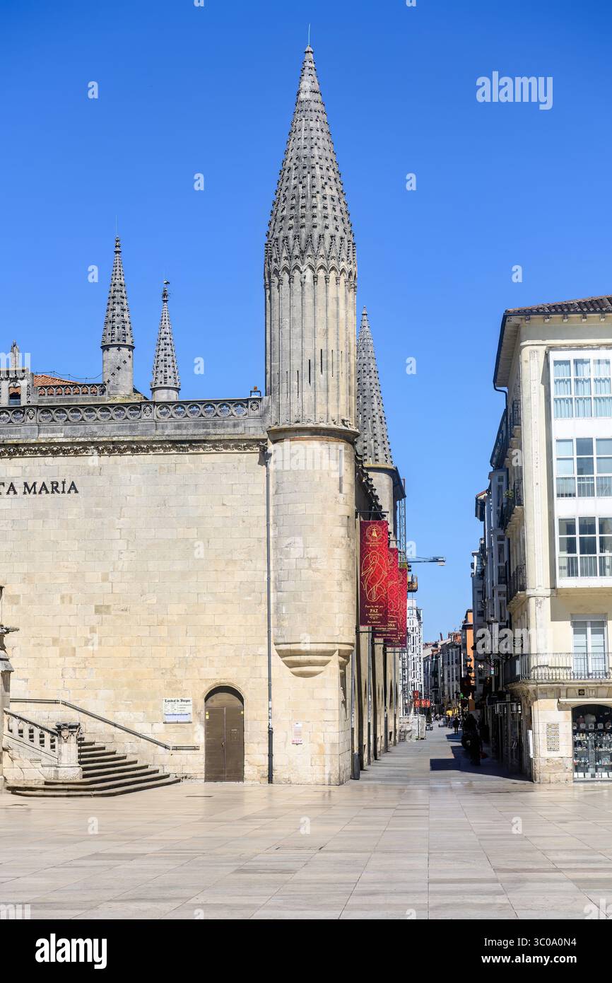 Vue sur la façade sud de la cathédrale de Burgos avec ses tours coniques et la rue de la ville Banque D'Images