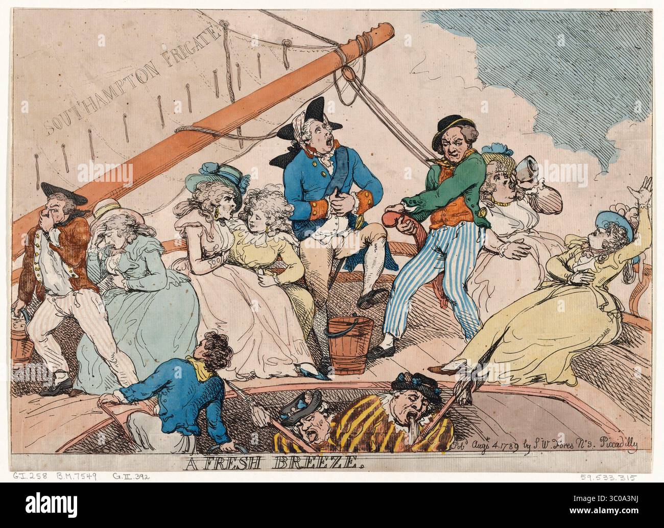 Les passagers ont le mal de mer sur la frégate Southampton alors qu'une brise fraîche déstabilise le bateau, 1789 Banque D'Images