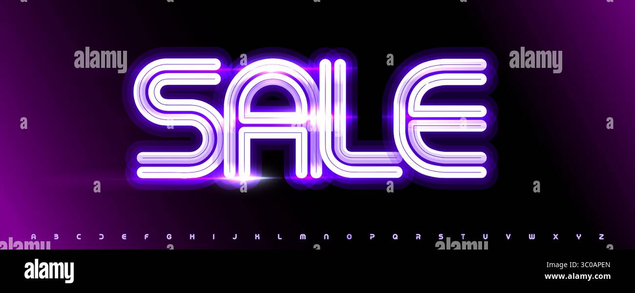 Alphabet rétro néon, lettres brillantes à triple ligne, police électrique vibrante pour la bannière de vente, promotion de la vie nocturne, interface utilisateur casino, signe de jackpot, Black Friday Illustration de Vecteur