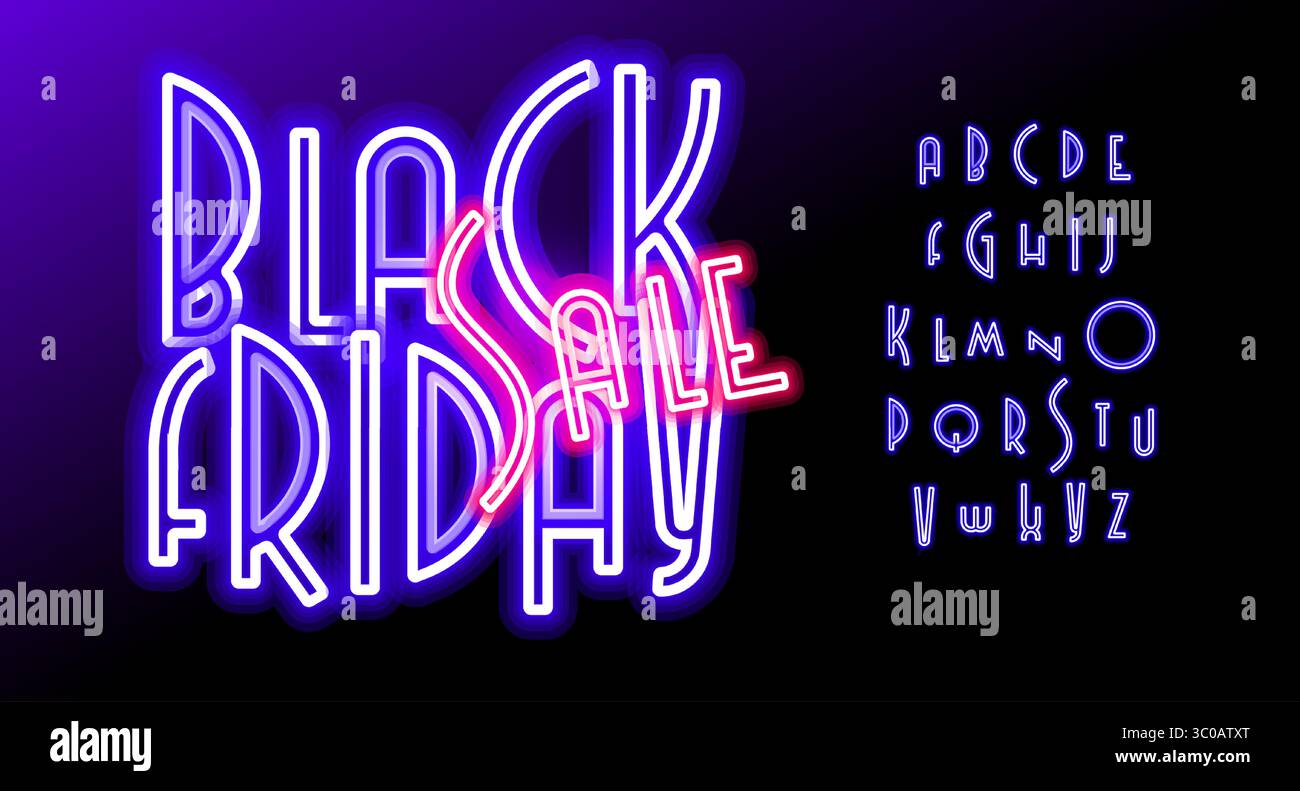 Alphabet fluo violet, lettres linéaires éclatantes, police rétro vibrante pour bannière Black Friday, enseigne publicitaire de magasin, affiche de vente, promotion d'achat en ligne. Lumineux Illustration de Vecteur