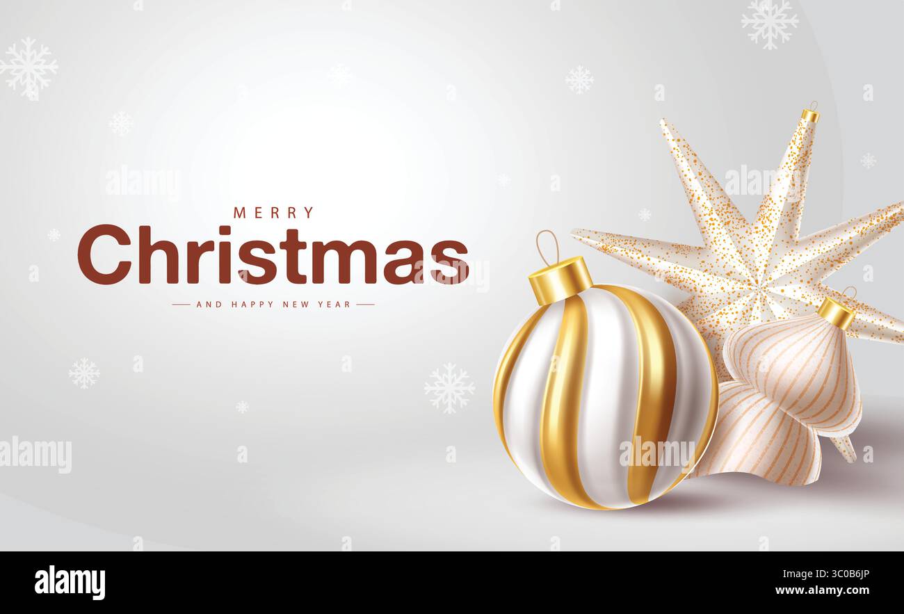 Design élégant de clipart de voeux de Noël. Élégant ornement de Noël Clipart, boules de vacances or et blanc avec flocons de neige et étoile scintillante parfait Illustration de Vecteur