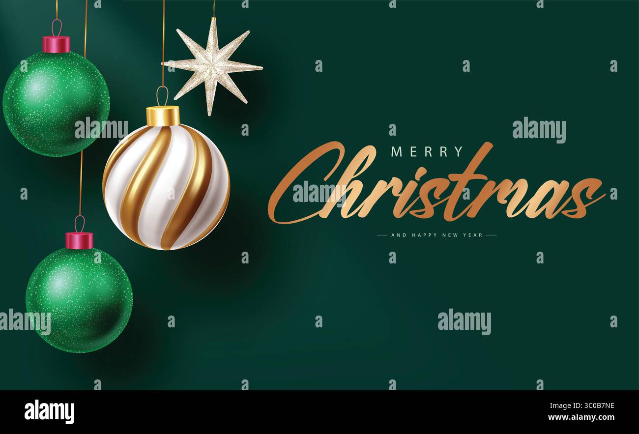 Conception de clipart de voeux de Noël avec ornements suspendus et élégant Gold Merry Christmas texte Design. Joyeux Noël et joyeux voeux de nouvel an CLI Illustration de Vecteur