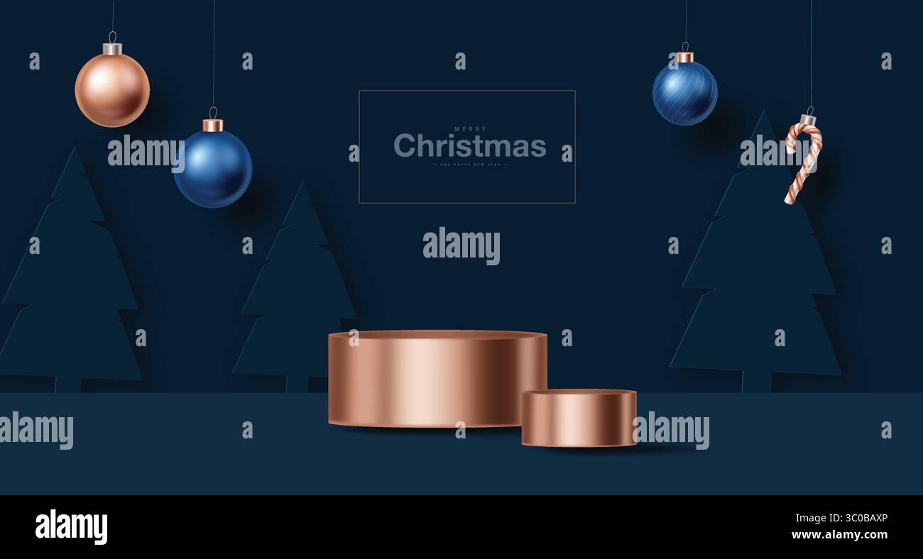 Podium Noël. Podium doré pour la présentation du produit avec sapin de Noël. Plate-forme de podium d'or pour montrer le produit sur fond bleu foncé. Merr Illustration de Vecteur