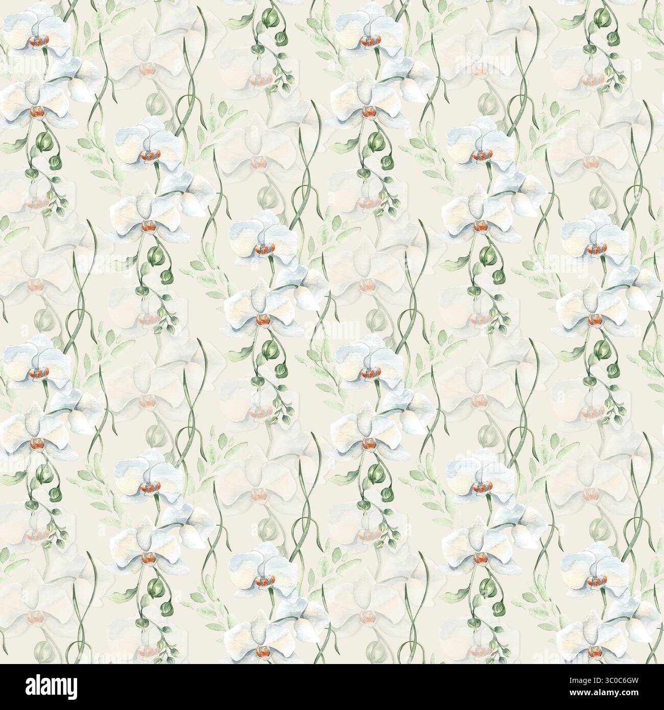 Motif floral gracieux répété avec fleurs d'orchidée blanche, bourgeons et feuilles d'aquarelle isolées. Fleurs design botanique sans couture tons pastel main Banque D'Images