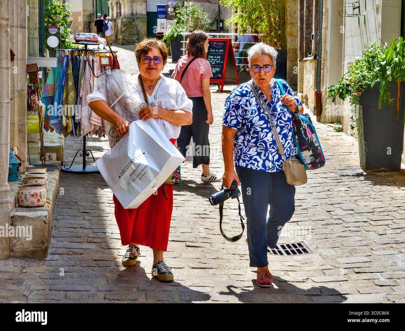 Deux femmes plus âgées - une tenant un appareil photo reflex numérique - avec boutique de cadeaux dans le centre-ville - Loches, Indre-et-Loire (37), France. Banque D'Images
