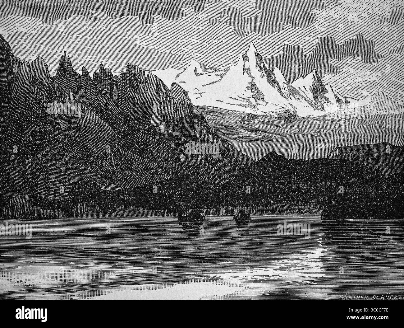 Montagnes enneigées au lac Baïkal, site du patrimoine mondial de l'UNESCO, Sibérie méridionale, Russie, Asie, illustration historique, 1896 Banque D'Images