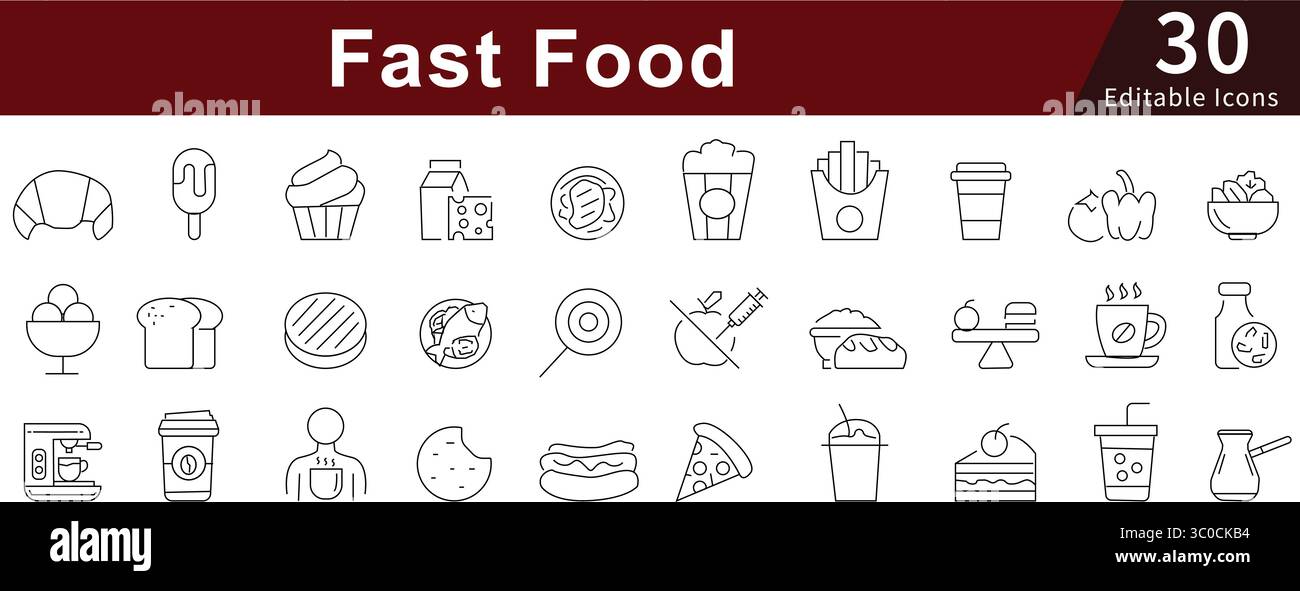 Fast Food Editable Line Icons Set pour le restaurant, à emporter, la livraison et le service rapide Illustration de Vecteur