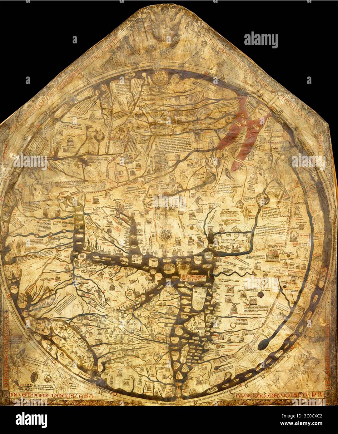 HEREFORD MAPPA MUNDI carte médiévale du monde datant d'environ 1300, tenue dans la cathédrale de Hereford, Angleterre. Banque D'Images