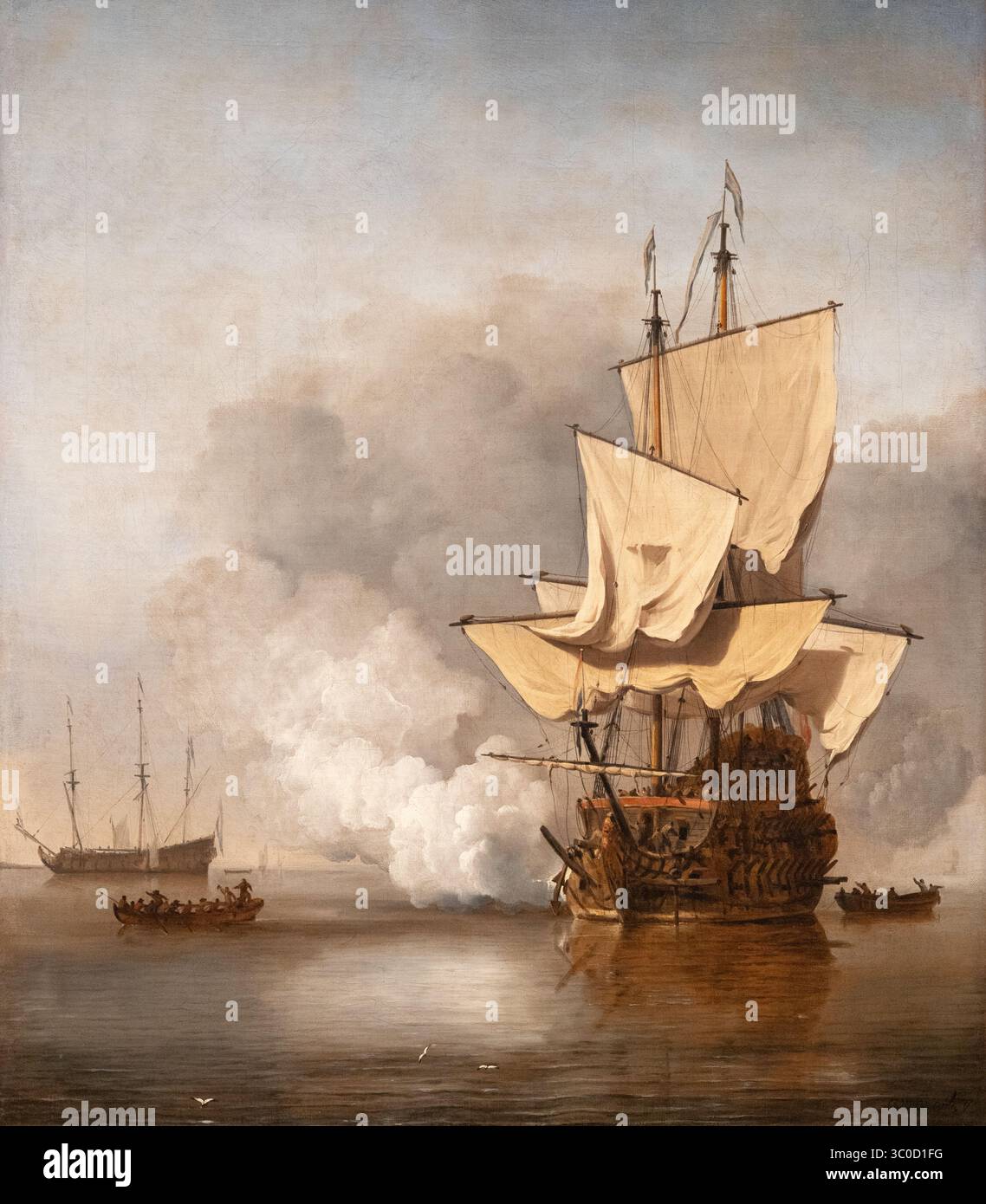Willem van de Velde le jeune, ou Willem van de Velde II ; 'le coup de canon' peinture, huile sur toile, c.1680. Peintre marin néerlandais de l'âge d'or. Banque D'Images