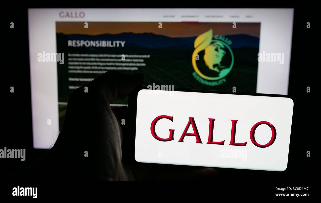 Stuttgart, Allemagne - 17-05-2025 : personne tenant un téléphone portable avec le logo de la société américaine de production de vin E. J. Gallo Winery sur l'écran en face de la page Web. Banque D'Images